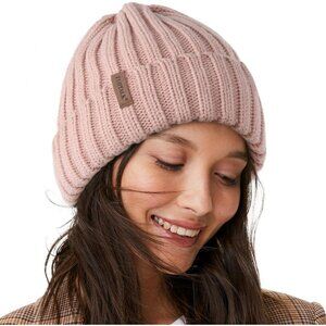 Women’s Light Pink Winter Fleece-Lined Chunky Knit Beanie Snow Hat Cap